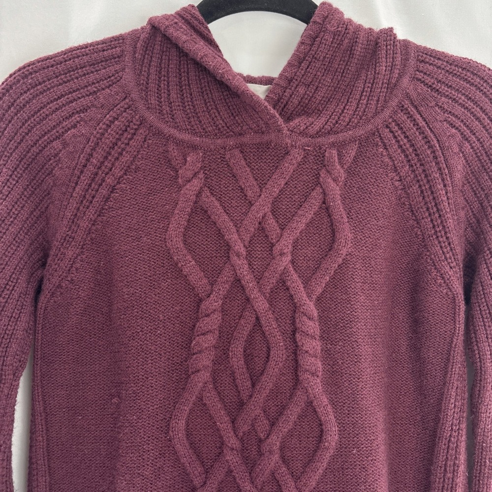 Athleta Merino Wool Cable Knit Hoodie Sweater Medium Burgundy Soft Warm Pullover - Picture 2 of 16